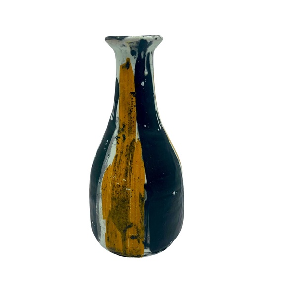 Vintage Livia Gorka Art Pottery Vase Drip Glaze Stripes Black Orange Signed MCM